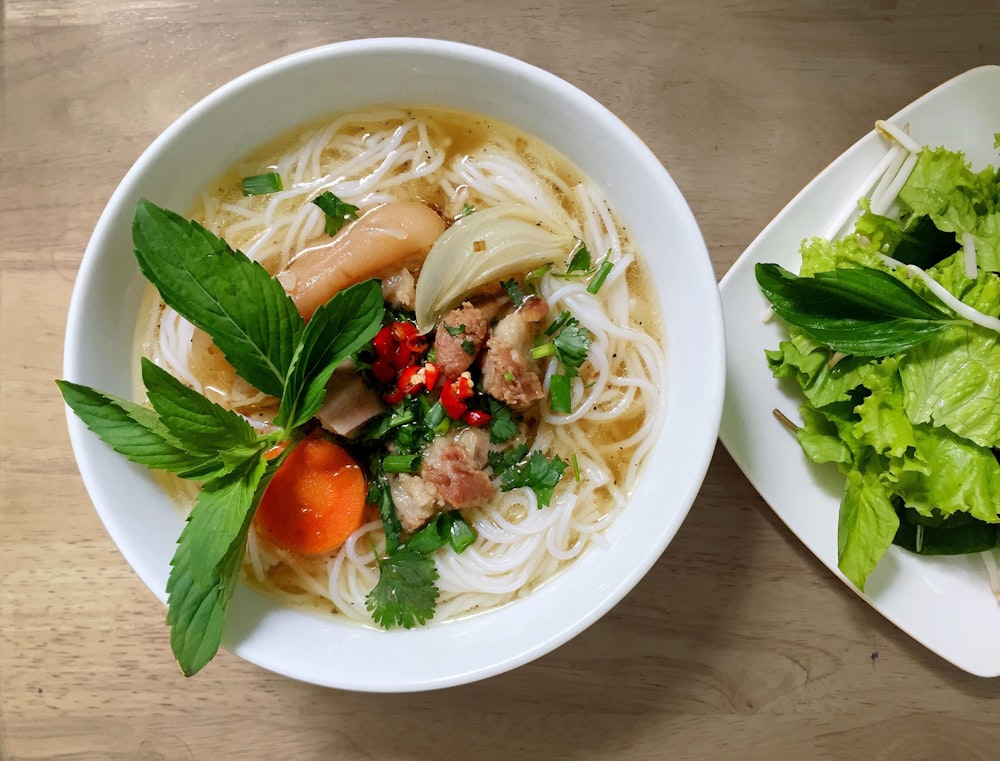 noodle dish on white ceramic bowl