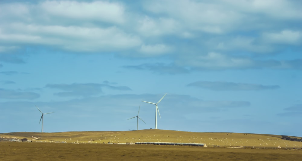 white wind turbines on brown field under blue and white sunny cloudy sky