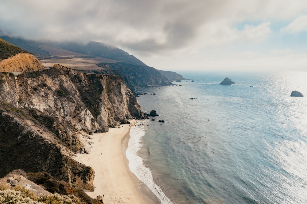 brown rocky mountain beside sea under white clouds during daytime