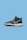A black athletic sneaker with a white swoosh logo on the side, against a solid blue background. The shoe features a high-top design, black laces, and a white outsole with textured black grip.
