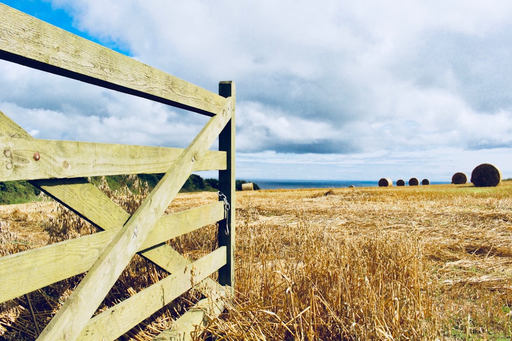 brown wooden fence on brown grass field under white clouds during daytime