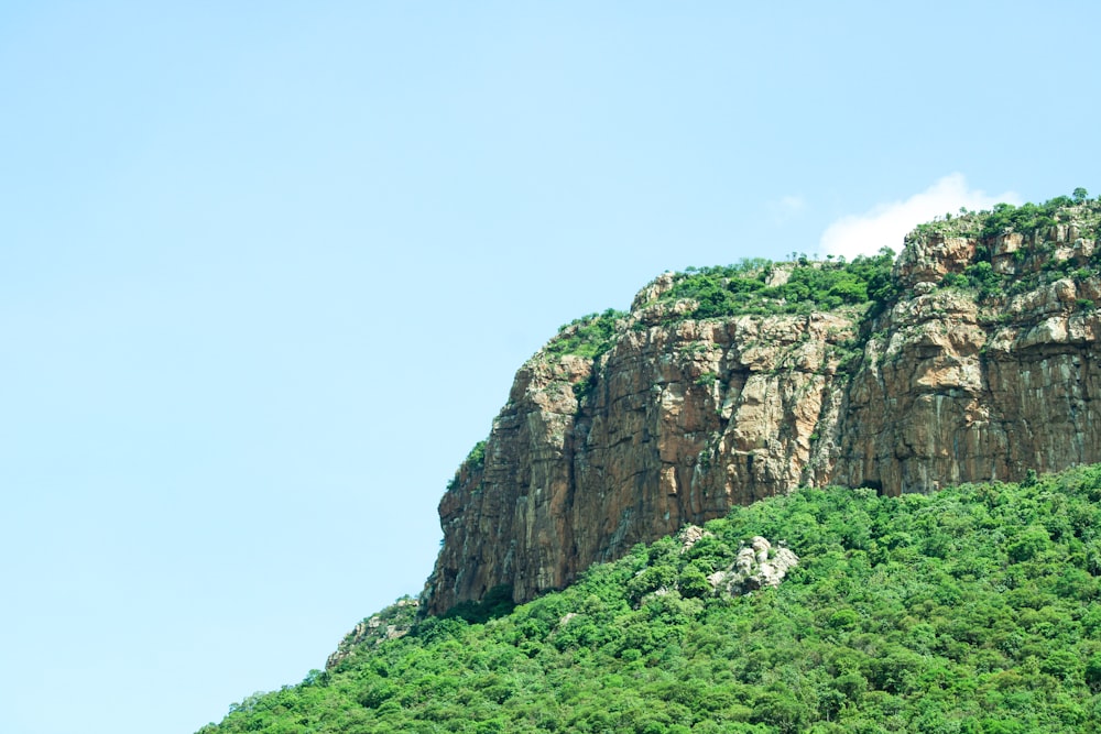 Montagne rocheuse verte et grise sous ciel blanc pendant la journée