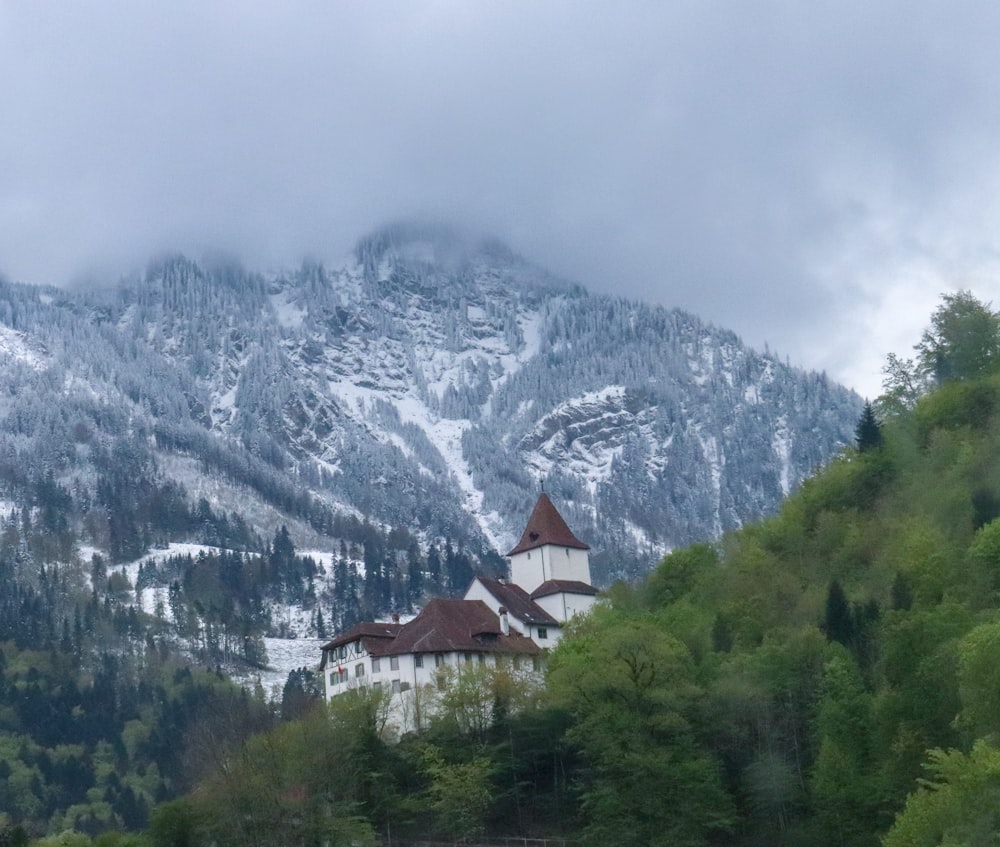 brown and white house near green trees and mountain during daytime