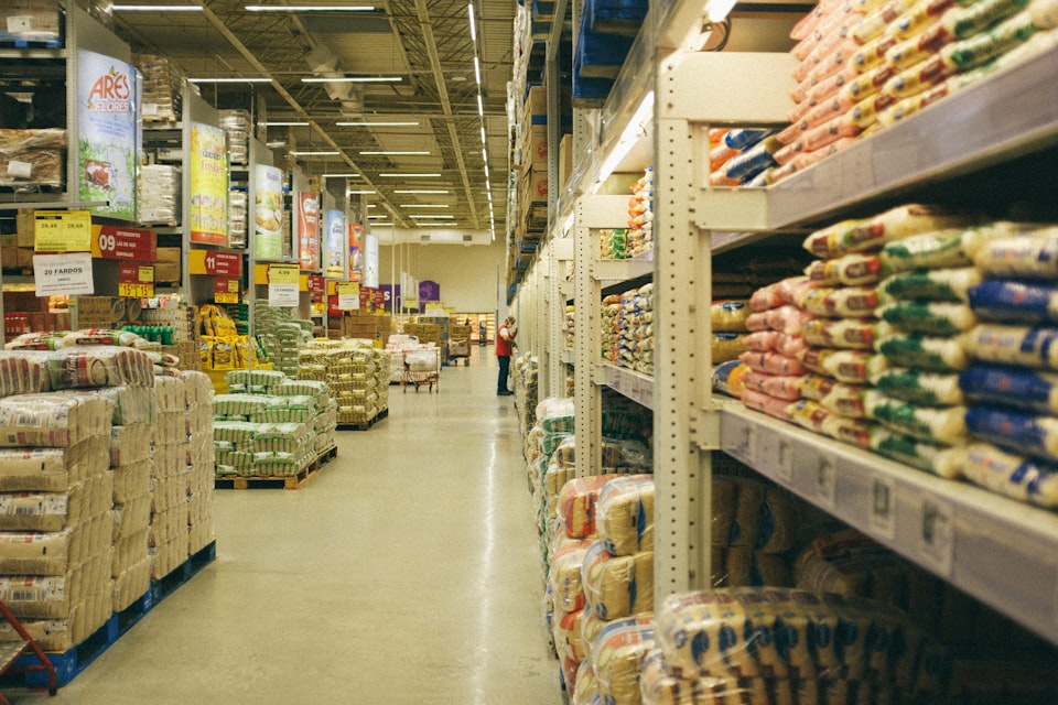 Store shelves filled with bags and bags of goods