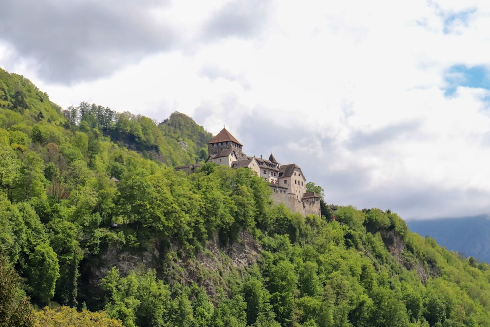 Weiß-braunes Betongebäude auf dem grünen Berg