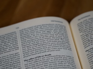 An open book with visible black text on white pages. The text appears to be in English and features a passage from the Old Testament. The focus is on the left-hand page, which includes content relating to commandments and blessings.