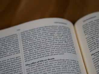 An open book with visible black text on white pages. The text appears to be in English and features a passage from the Old Testament. The focus is on the left-hand page, which includes content relating to commandments and blessings.