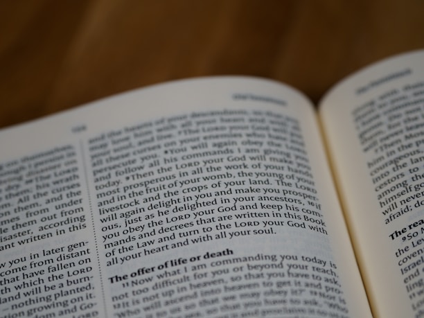 An open book with visible black text on white pages. The text appears to be in English and features a passage from the Old Testament. The focus is on the left-hand page, which includes content relating to commandments and blessings.