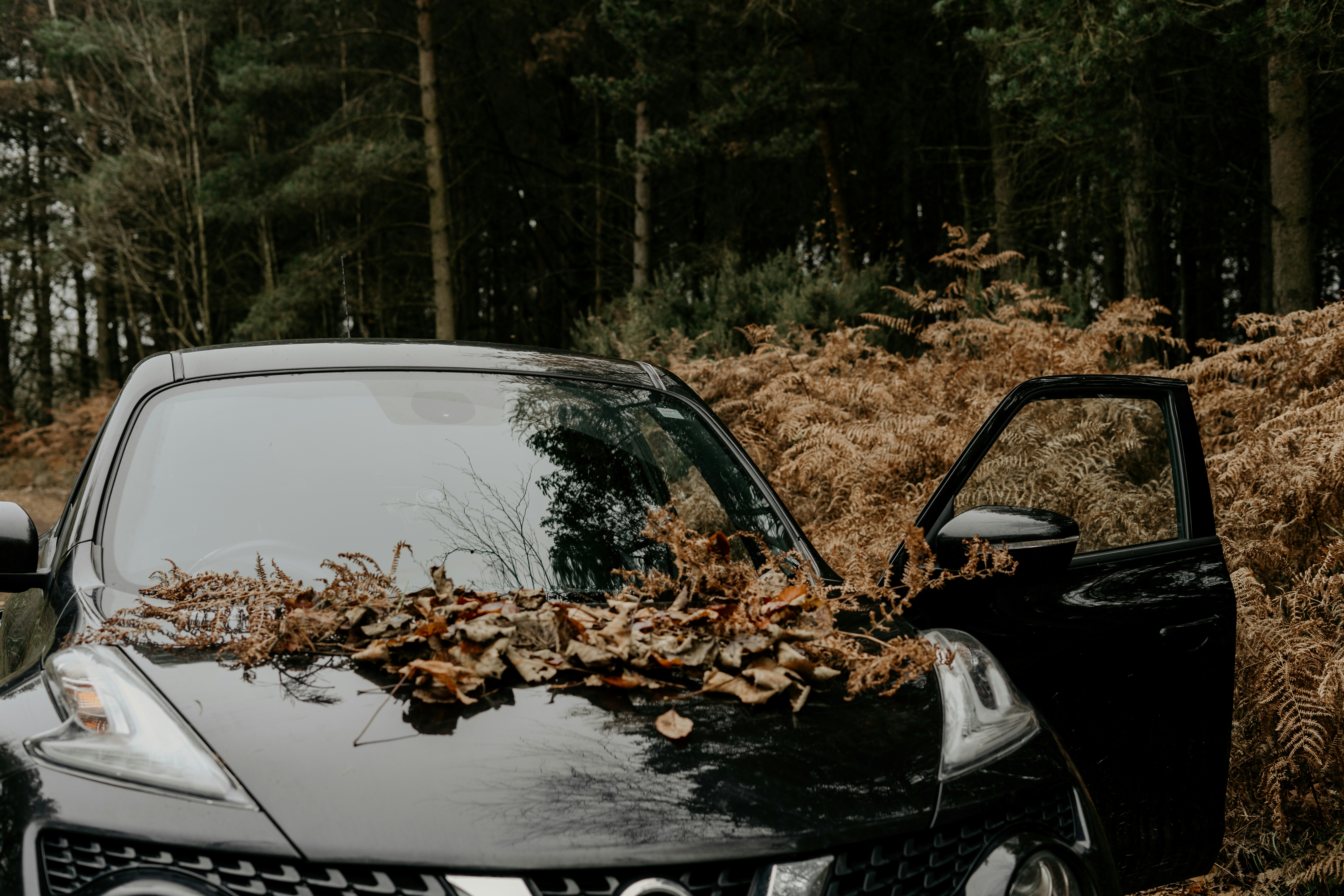 broken car with fire on hood