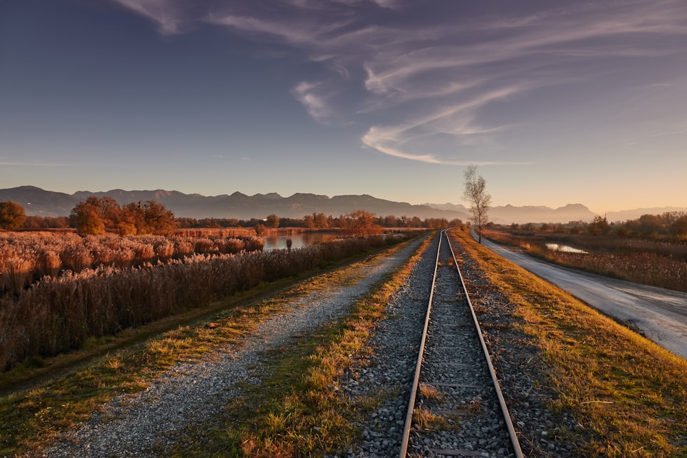 trilho de trem preto entre o campo de grama verde sob o céu azul durante o dia
