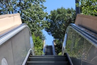 An outdoor escalator surrounded by lush green trees and plants, leading upwards into a clear blue sky. The perspective is from the bottom looking up, creating a sense of ascent and openness.