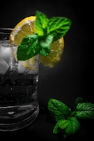 Refreshing glass of water with lemon and mint, placed on a light background.
