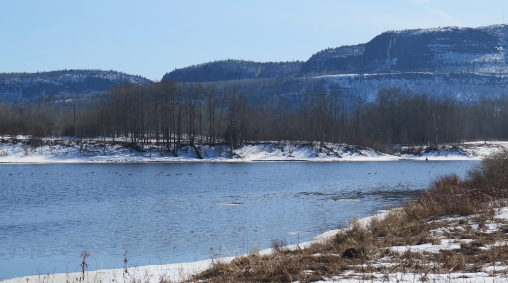 a body of water surrounded by snow covered mountains