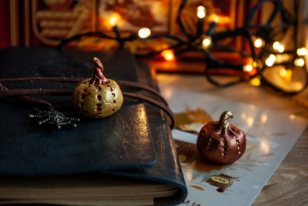 brown and white ceramic ornament on white table