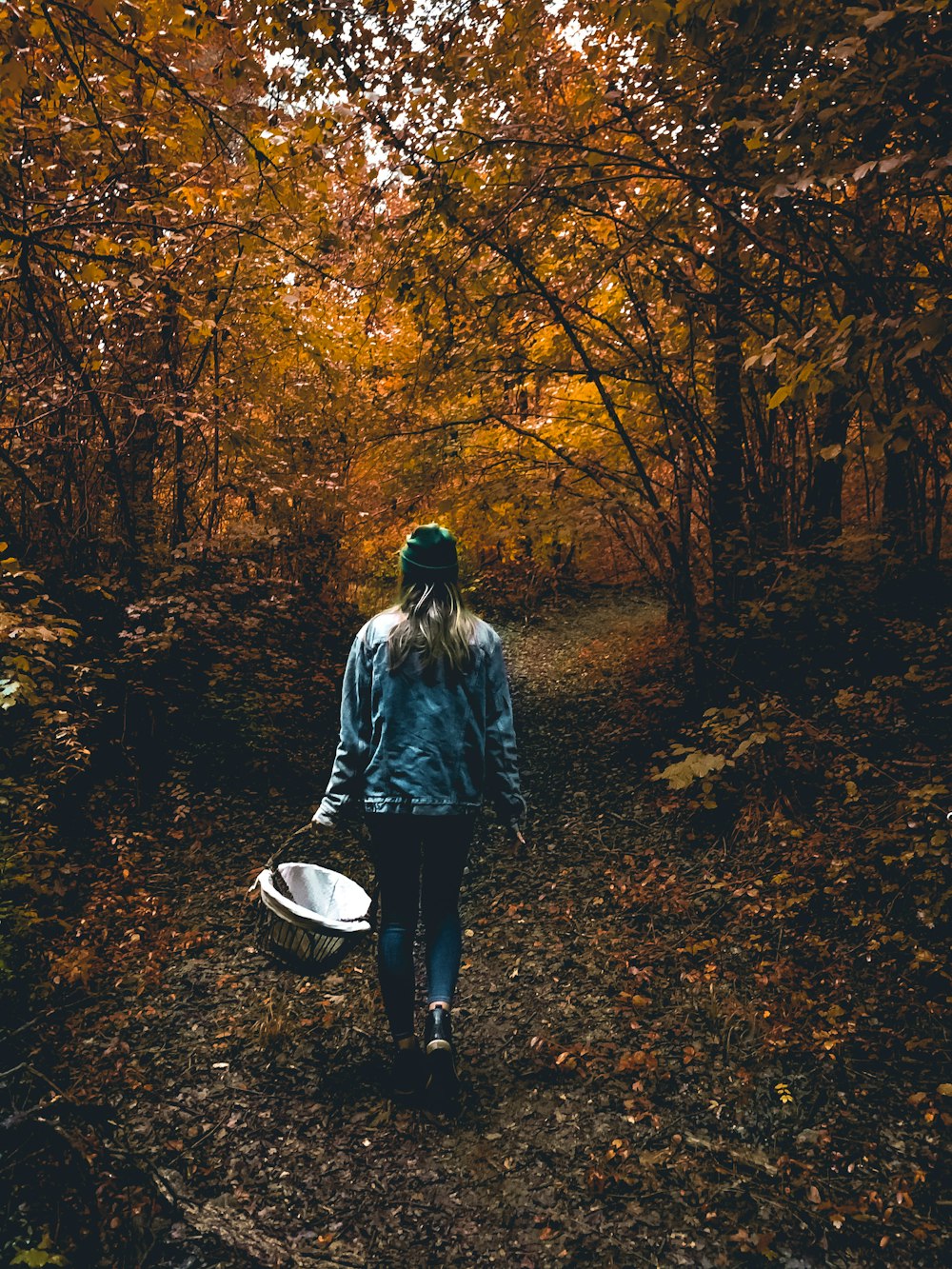 man in blue denim jacket standing in forest during daytime