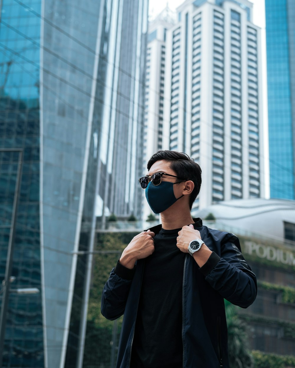 man in black jacket wearing black sunglasses