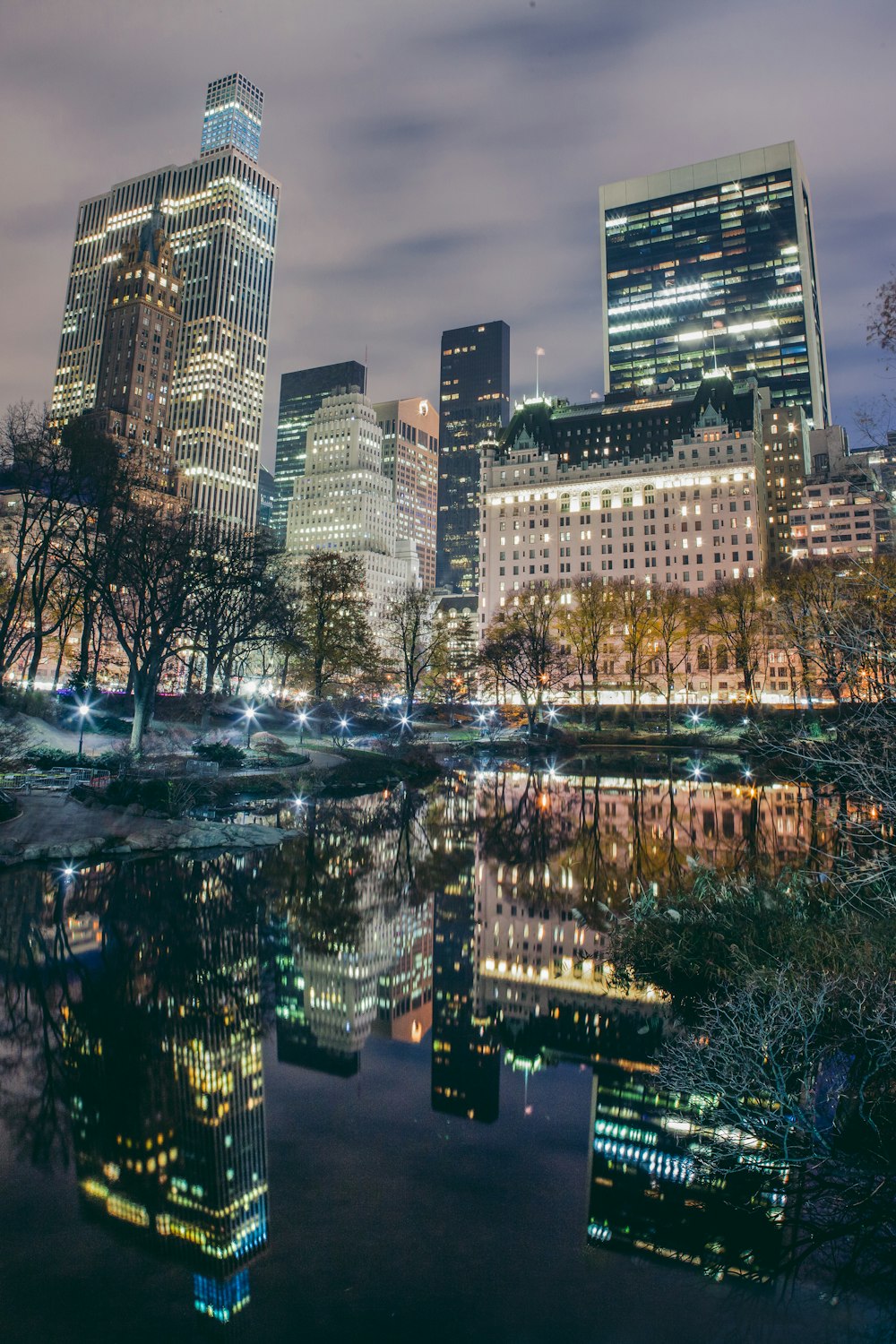 city skyline during night time