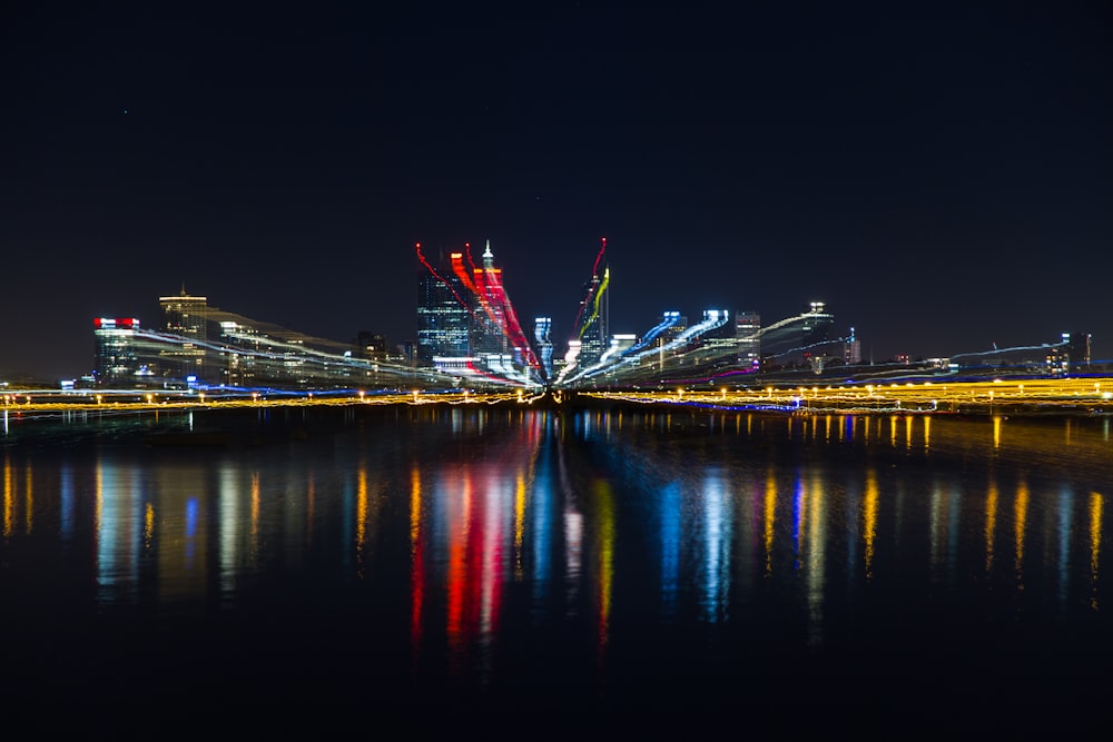 city skyline during night time