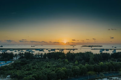 Sunset over Samana Bay with whales visible near the shore and boats anchored nearby.