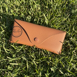 A brown textured eyeglass case with a Ray-Ban logo is lying on freshly mowed green grass, basking in sunlight.
