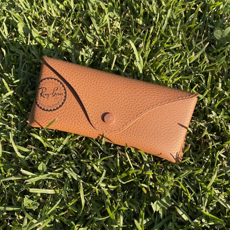 A brown textured eyeglass case with a Ray-Ban logo is lying on freshly mowed green grass, basking in sunlight.