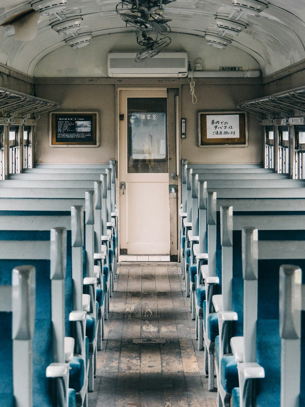 white and blue train interior