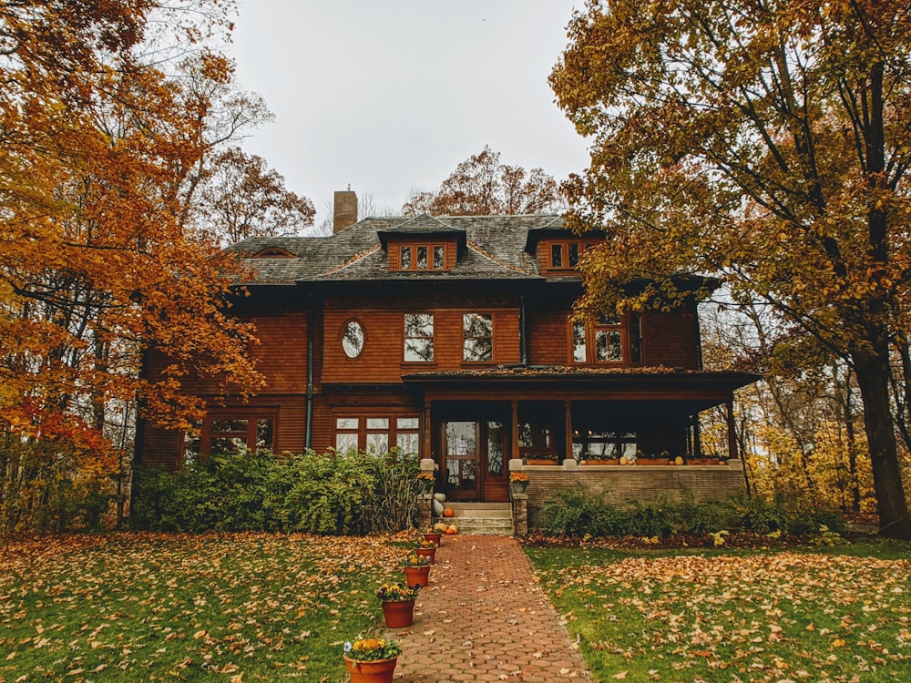 Casa de madera marrón y negra rodeada de árboles