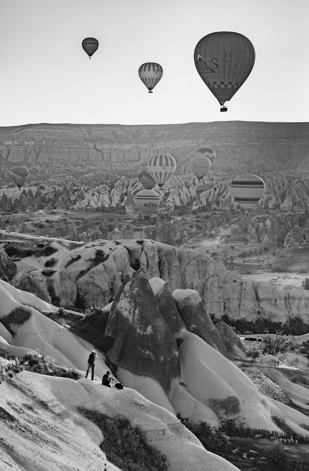 grayscale photo of hot air balloon over the rock formation