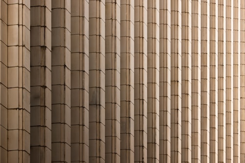 Rows of vertically aligned rectangular panels create a repetitive, symmetrical pattern. The panels are made of a beige or light brown material and seem to form part of a large architectural facade.