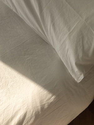 A close-up of a finely woven white mosquito net draped over a cozy bed in a sunlit bedroom.