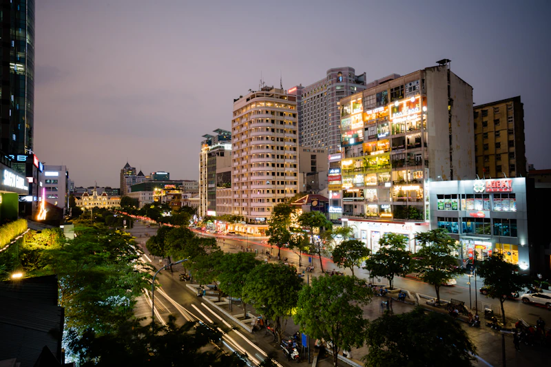 High rise buildings during night time