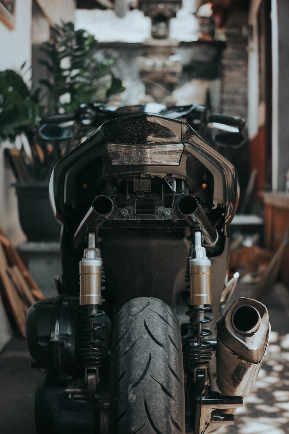 a motorcycle parked in front of a building