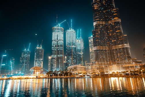 city skyline during night time