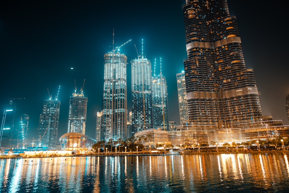 city skyline during night time