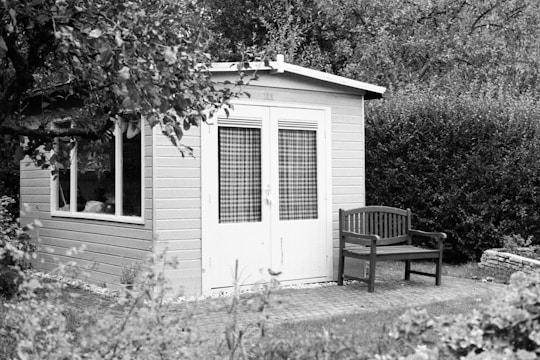 Custom-built wooden shed with a modern design in a backyard.