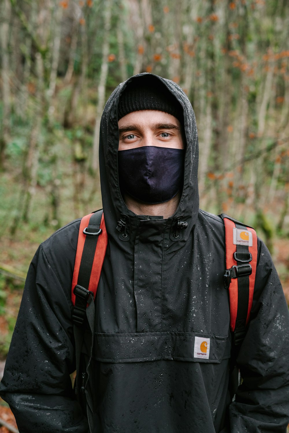 man in black jacket wearing black knit cap