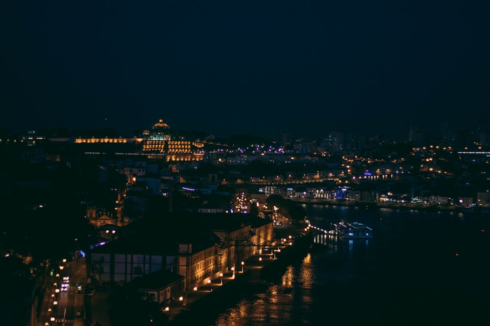 city skyline during night time