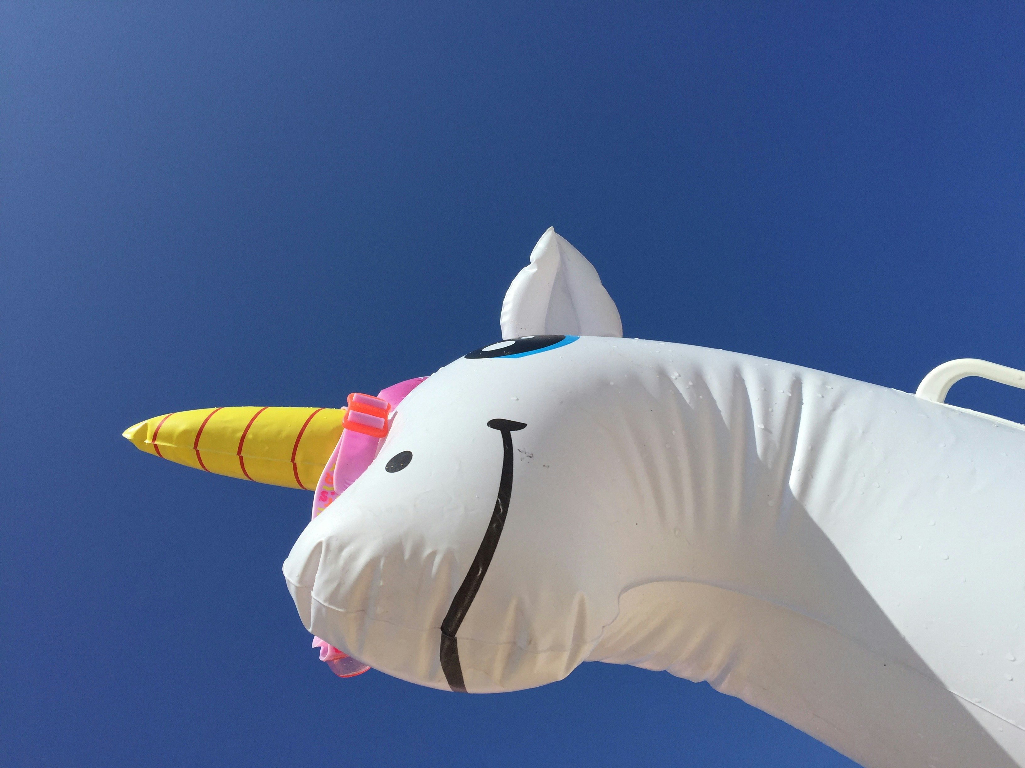 Close-up of an inflatable unicorn float against a clear blue sky, symbolizing National Unicorn Day and its meaning in LGBTQ+ and polyamorous culture.