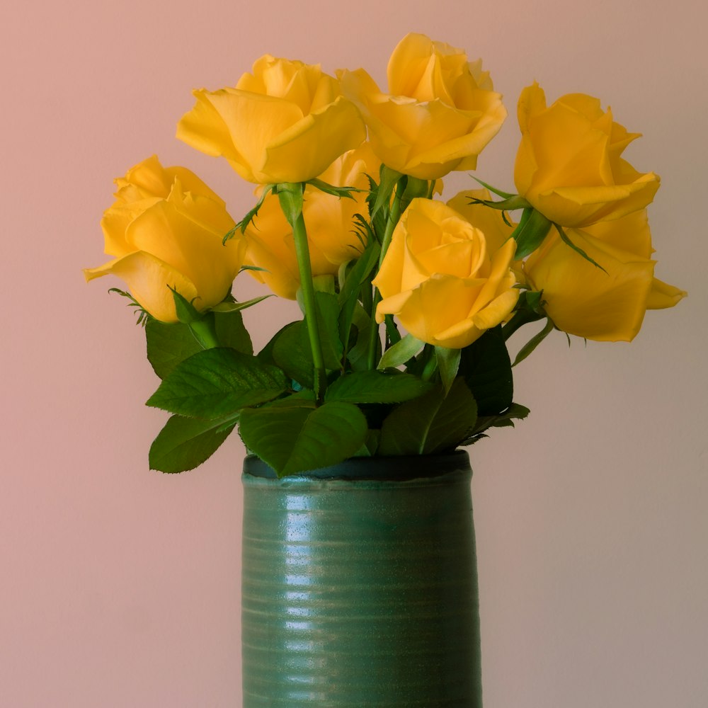 yellow roses in blue ceramic vase