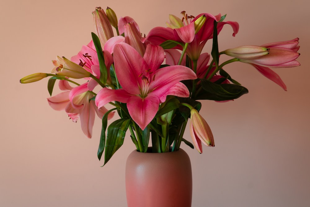 pink and white flowers in brown ceramic vase