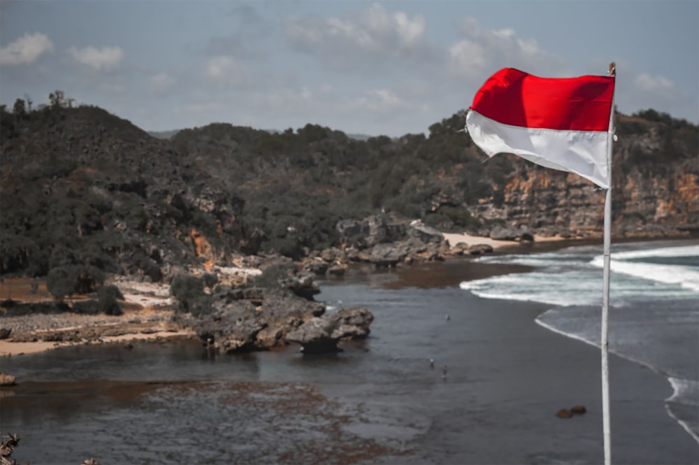 Drapeau blanc et rouge sur le rivage rocheux pendant la journée