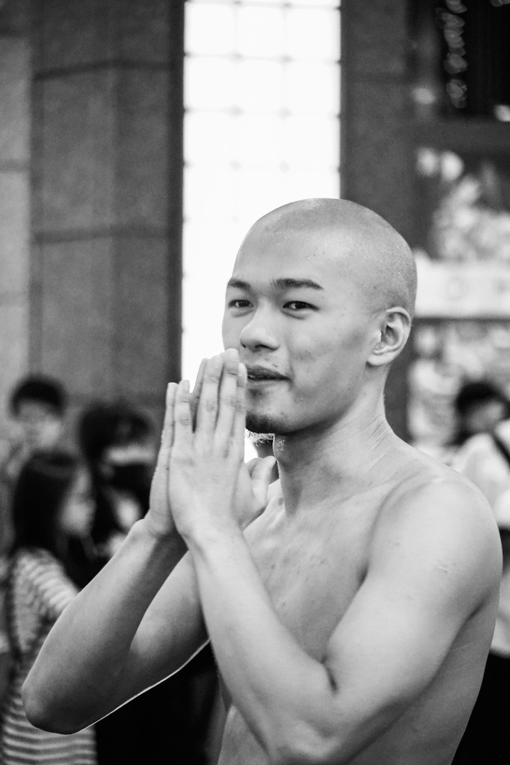 grayscale photo of topless boy