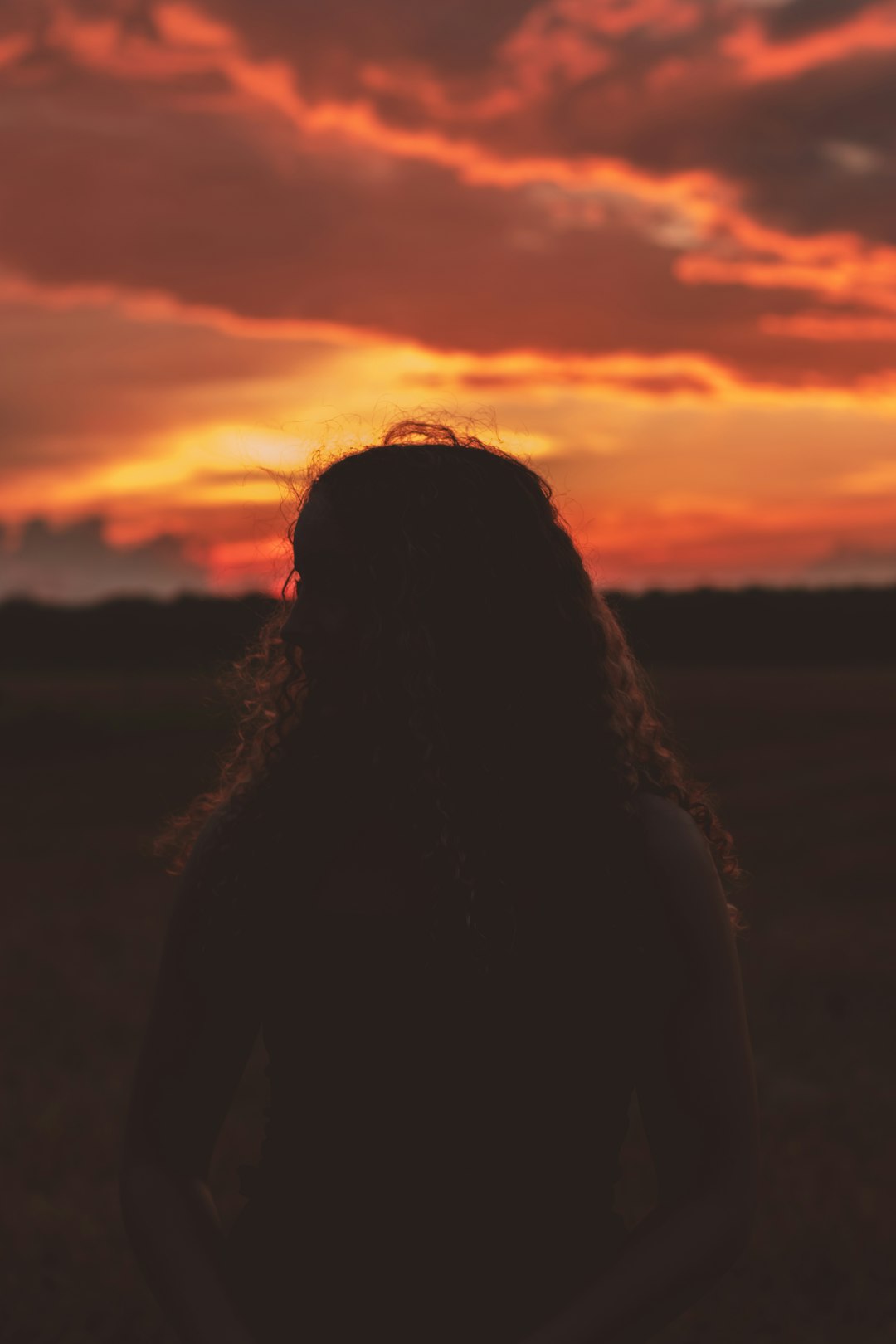silhouette of woman standing on field during sunset