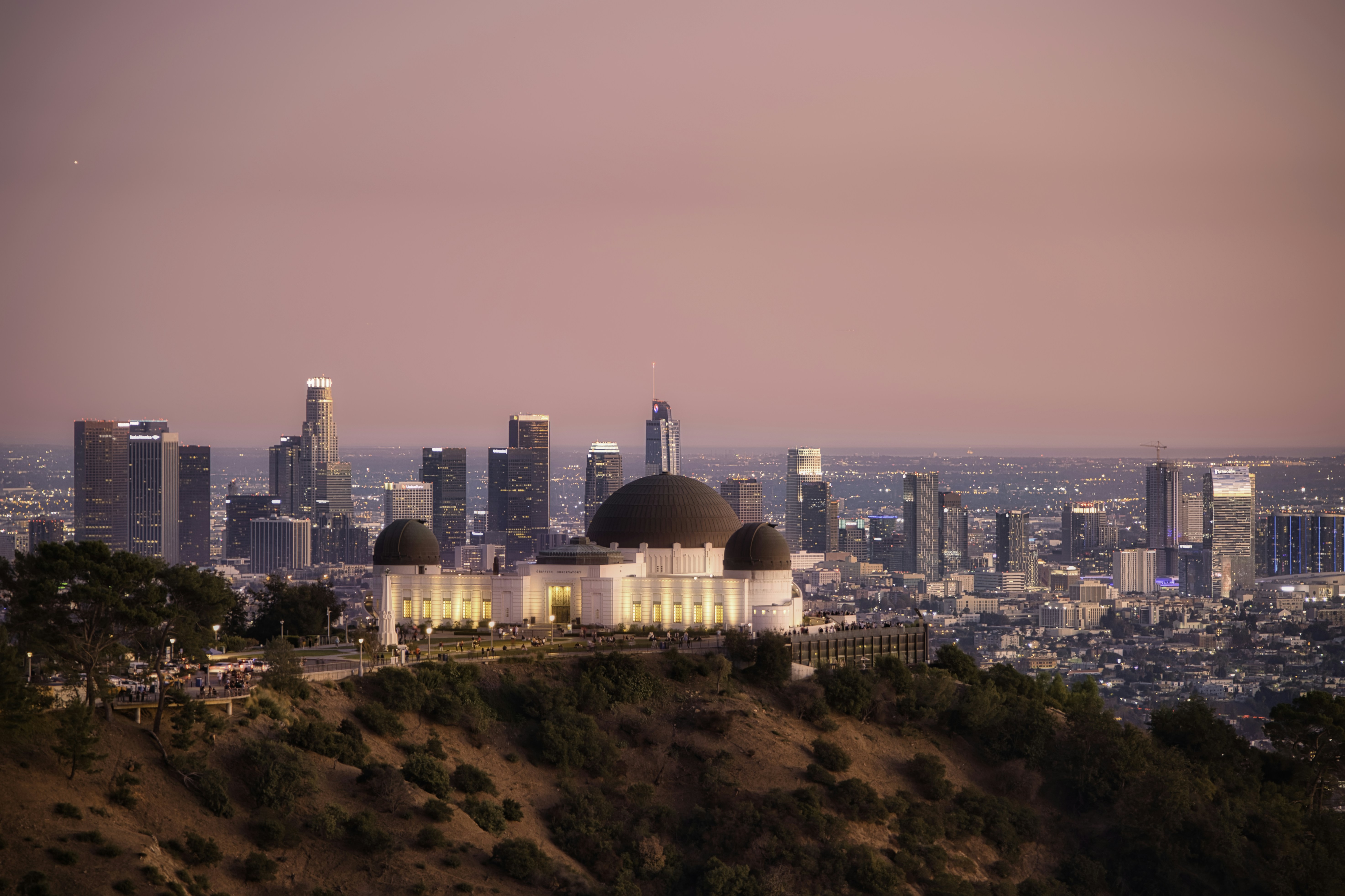 white and blue dome building, Griffith Observatory and sunset. 