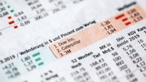 Detailed financial data presented in a tabular format, including company names such as Dow Inc., Caterpillar, and 3M. Various metrics and statistics are displayed, along with changes in value highlighted in green and red.