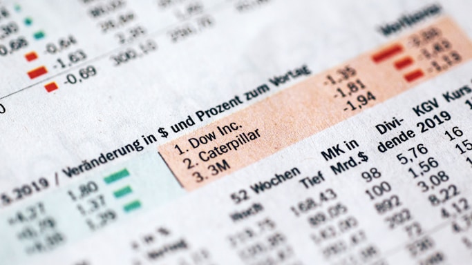 Detailed financial data presented in a tabular format, including company names such as Dow Inc., Caterpillar, and 3M. Various metrics and statistics are displayed, along with changes in value highlighted in green and red.