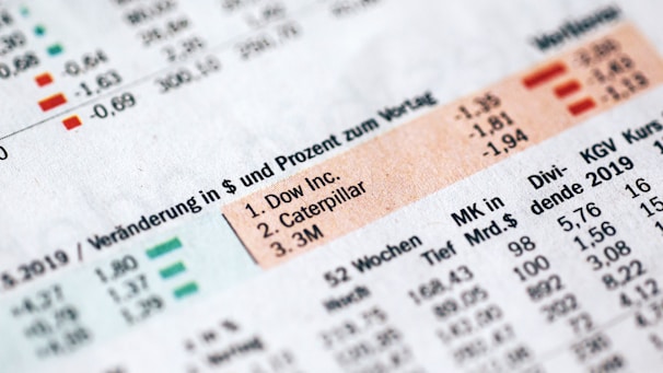Detailed financial data presented in a tabular format, including company names such as Dow Inc., Caterpillar, and 3M. Various metrics and statistics are displayed, along with changes in value highlighted in green and red.