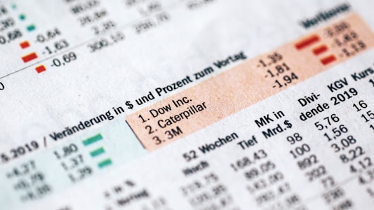 Detailed financial data presented in a tabular format, including company names such as Dow Inc., Caterpillar, and 3M. Various metrics and statistics are displayed, along with changes in value highlighted in green and red.