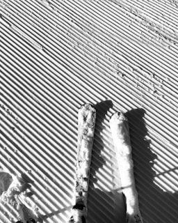 Parallel skis rest on a freshly groomed, corduroy-patterned snow surface, creating a mix of shadows and light.