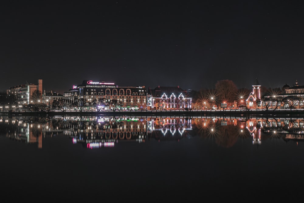 city skyline during night time